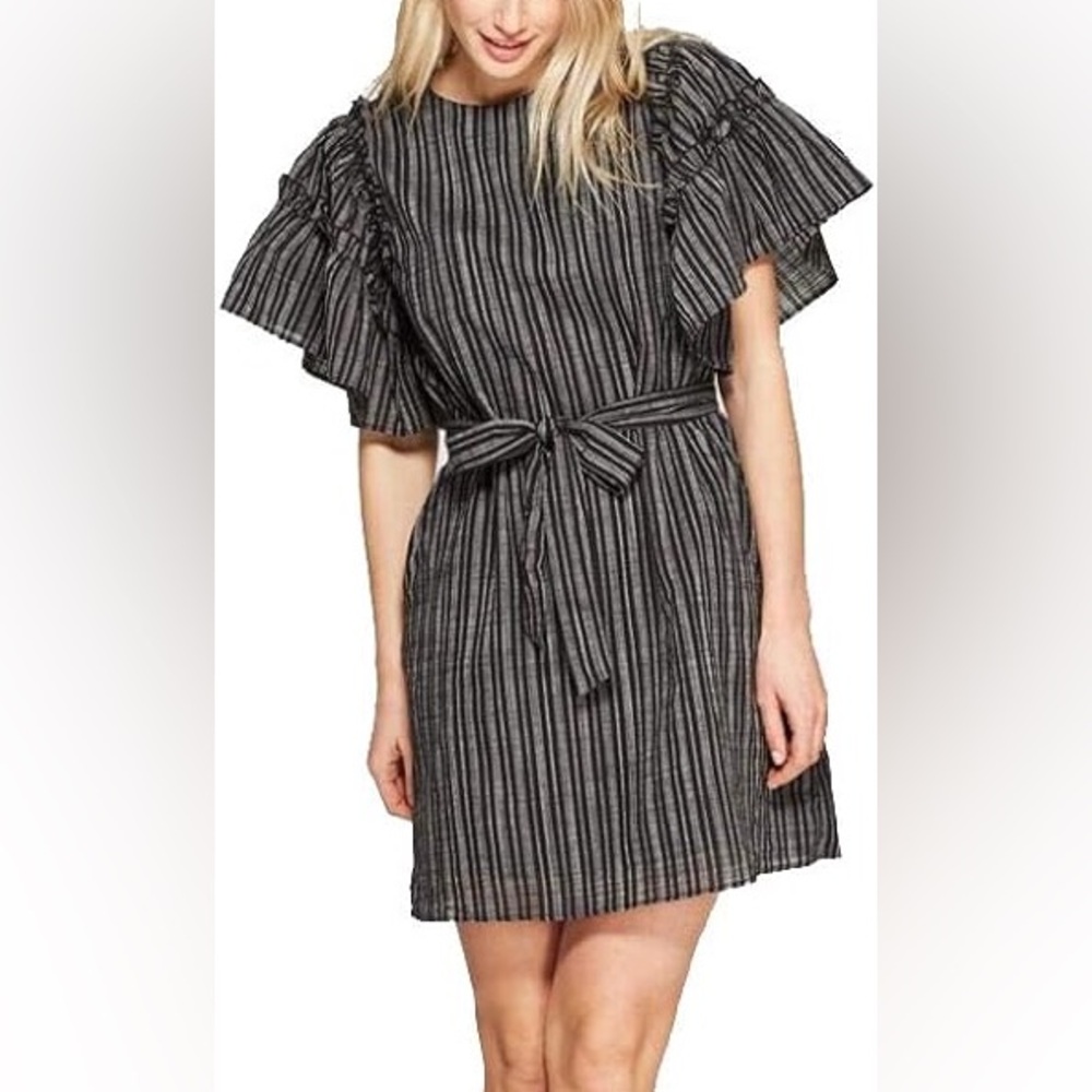 Who What Wear Womens Black White Striped Ruffle Sleeve Shift Dress Size Large